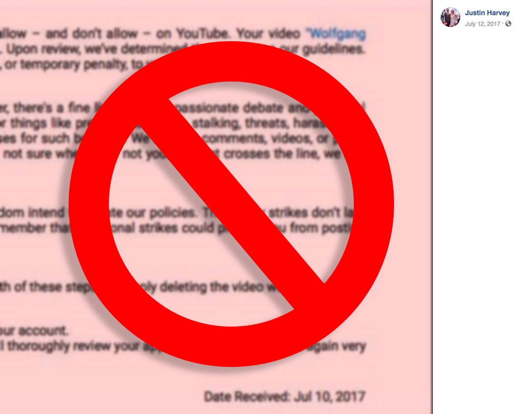 Justin Harvey - Facebook post about YouTube Community Guidelines strike