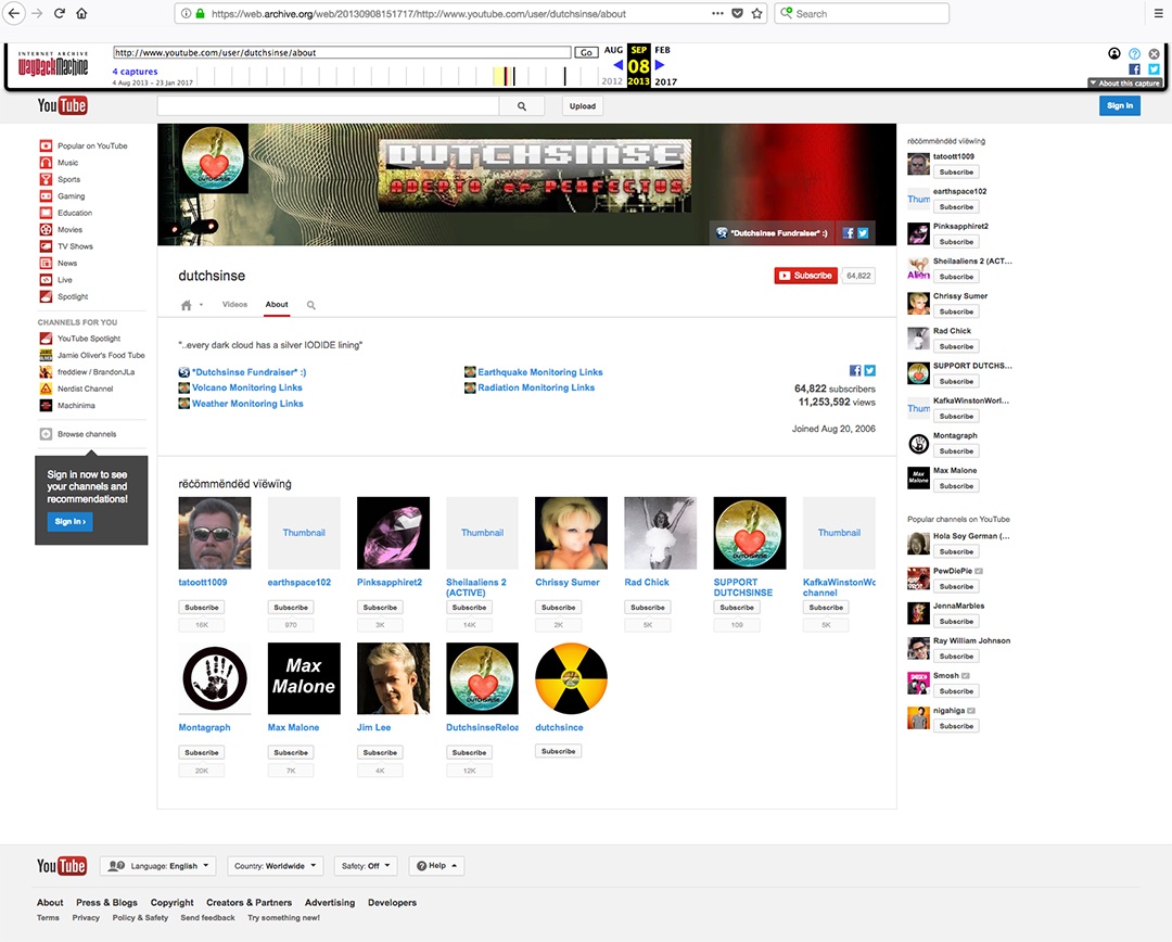 Dutchsinse Hoaxer connections on YouTube Channel About section.